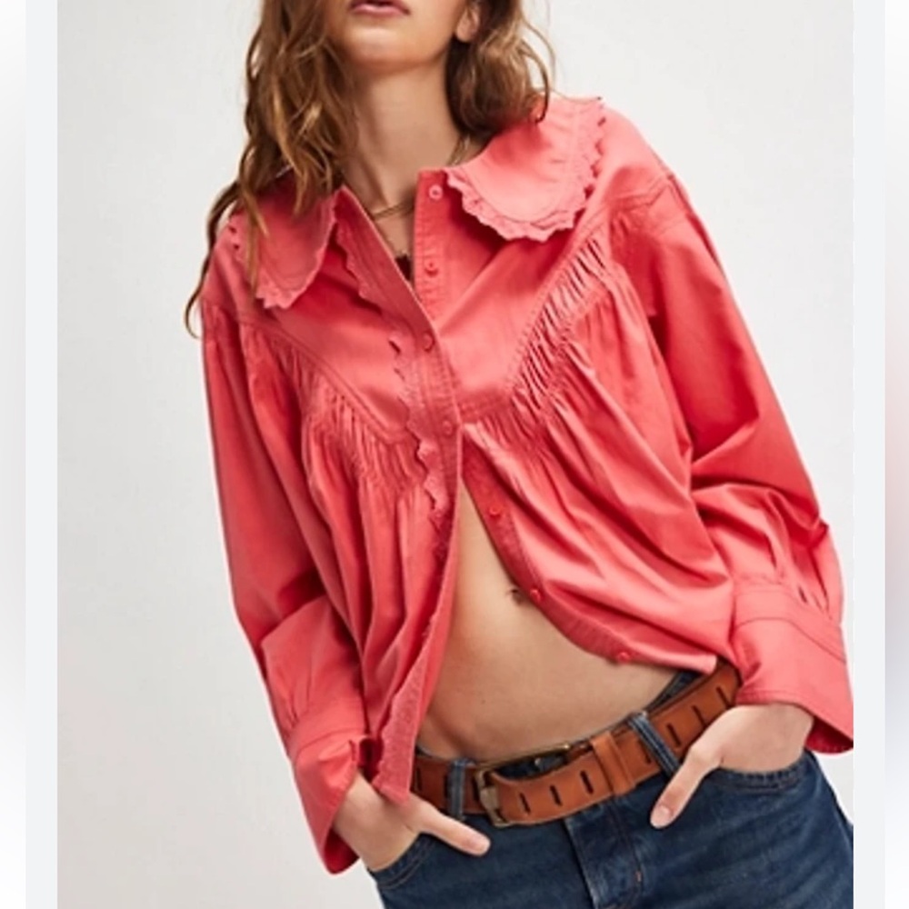 New We The Free Coral Button-Down Peter Pan Collar Shirt